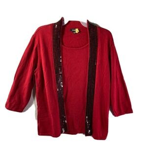 Elementz Cardigan Shirt Sweater Size XL Sequin Cotton‎ Blend Sequins 3/4 Red